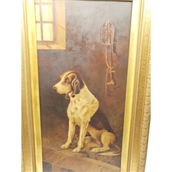 English School (19th/20th century): Pointer in a Stable, oil on canvas possible traces of signature 91cm x 37cm