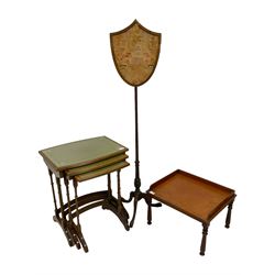 19th century mahogany stand, rectangular top on turned supports (W50cm), a nest of three mahogany tables with inset leather and glass tops (W51cm); and a 19th century pole screen (3)