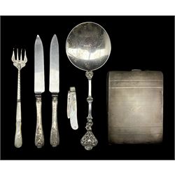 Silver ornamental serving spoon London 1903, engine turned silver cigarette case, silver and mother of pearl fruit knife, small silver and mother of pearl fork and two silver handled dessert knives.  Weighable silver 6.4oz