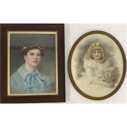 Oval watercolour portrait of Helen Garstin, 46cm x 38cm and May Ward head and shoulders pastel portrait, signed and dated 1904, 41cm x 32cm