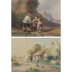 R Macauley (British late 19th century): Chickens by a Cottage, watercolour signed 17cm x 25cm; English School (19th century): Children Rockpooling, watercolour unsigned 19cm x 25cm (2)