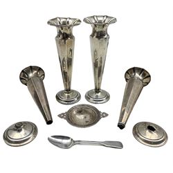 Set of four silver trumpet shape panel sided vases (a/f), silver tea strainer and a silver teaspoon approx 12oz