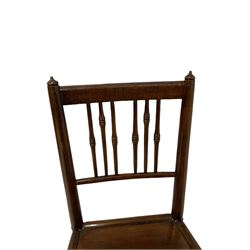 Set six oak Georgian style dining chairs, the spindle backs over panelled seats, raised on turned supports