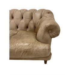Loaf - Large three seat 'Bagsie' chesterfield style sofa, upholstered in 'scratched satchel' tan leather, raised on pale oak turned feet
