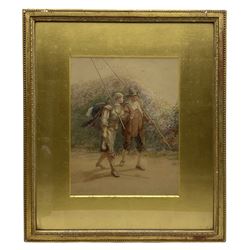 W Field (British 19th century): Isaak Walton and Fellow Fisherman, watercolour signed and dated 1899, 30cm x 24cm