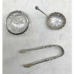 Small oak spoon rack with six Dutch spoons and fork, pair of Edwardian crimped silver salts and spoons, cased Birmingham 1905, silver sifting spoon, tongs and a pair of glass salts with silver rims 