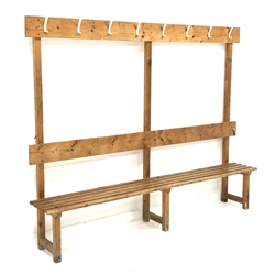 Vintage pine locker room coat rack with slatted bench, W221cm, H175cm, D35cm,