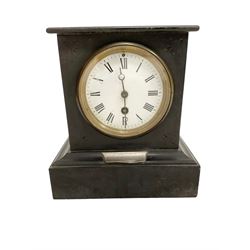 Two French 8-day mantle clocks - in Belgium slate cases with enamel dials, Roman numerals, minute tracks and steel moon hands. No pendulums.