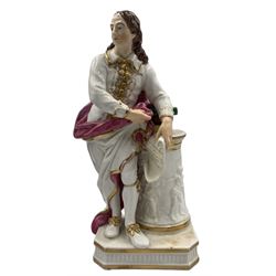 Early 19th century Derby porcelain figure modelled as John Milton, circa 1830,  leaning upon three books on a circular plinth, no. 297, 26cm, 19th century Staffordshire model of a recumbent stag and bocage, together with a 19th century Wetheriggs slipware tobacco jar with bird knop handle and tree stump decoration throughout, H17cm (3)
