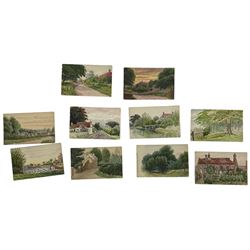 Collection of ten early 20th century watercolours on postcards of local views including Askham Bryan 1918, Bramham, Naburn Lock, painted by a serviceman billeted at Bramham
