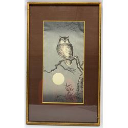 Tsuchiya Koitsu (Japanese 1870-1949): Owl and Full Moon, woodblock print signed with monogram 35cm x 18cm