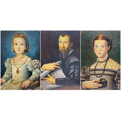 After Bronzino (AKA Agnolo di Cosimo) (Italian 1503-1572): Portrait of a 'Young Girl with a Prayer Book'  Portrait of the Engineer 'Luca Martini' and  Portrait of 'Bia de' Medici', set three oil on canvas signed Je Stubbs dated '99, 60cm x 50cm (3) (unframed)