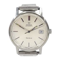 Omega Genève gentleman's stainless steel automatic presentation wristwatch, Ref. 166.0163, serial No. 35435710, Cal. 1012, silvered dial with date aperture, the back case engraved 'Presented to Roy Hammond by Rowntree mackintosh Ltd... 1976', on stainless steel strap, boxed with guarantee dated Feb 1976