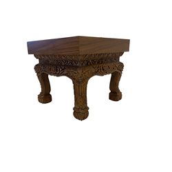 Hardwood occasional table, the square top carved with scene of figures on elephants, the frieze and cabriole supports carved with flower heads and scroll designs