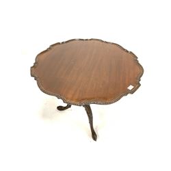 Chippendale design mahogany tilt top occasional table, with reeded column and leaf carved triple splay supports with ball and claw feet D78cm