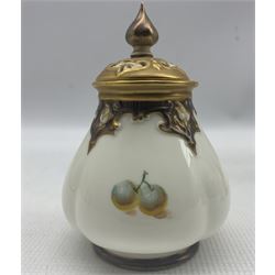 Royal Worcester vase by George Mosely, of bottle form with slender neck, hand painted with a still life of fruit, signed Mosley, with puce printed marks beneath including shape number G702 and date code for 1933, H13.5cm, together with a Royal Worcester pot pourri vase and cover and vase, each painted with a still life of fruit, signed Roberts, with black printed marks beneath including shape number 291A and 2491 (3)