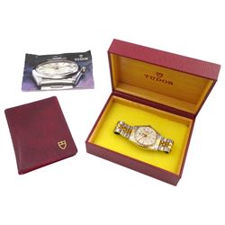 Tudor Oyster Prince Day Date gentleman's stainless steel and gold automatic wristwatch, circa 1990, Ref. 94613, serial No. 274029, silvered dial, on original strap, boxed