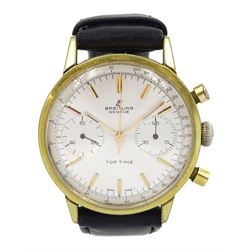 Breitling Top Time gentleman's gold-plated manual wind chronograph wristwatch, Ref. 2003, silvered dial with double register recording minutes and continuous seconds