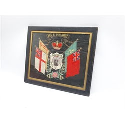 George V embroidered panel with photograph of the King, Royal Standards etc 38cm x 47cm