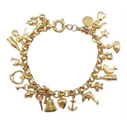 9ct gold charm bracelet, including heart, bell, dolphin, elephant and swan