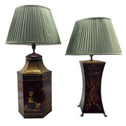 Contemporary hexagonal toleware table lamp in the form of a Chinese tea canister, decorated in gilt with traditional scenes together with another similar table lamp on paw feet, both with green pleated silk shades, max H80cm (2)