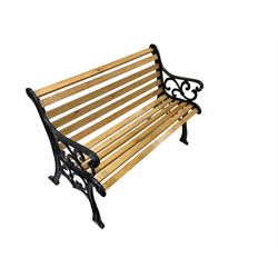 Black painted cast iron and wood slated garden bench 