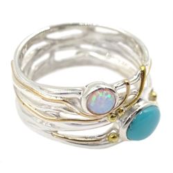 Silver and 14ct gold wire turquoise and opal ring, stamped 925