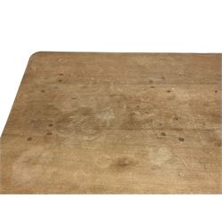 Yorkshire Oak - oak dining table, rectangular adzed top on quadruple octagonal pillar supports, sledge feet united by floor stretcher, unsigned 