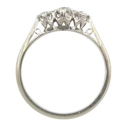 Early-mid 20th century white gold old cut three stone diamond ring, stamped 18ct Plat, total diamond weight approx 0.45 carat