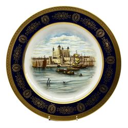 Coalport Bone China charger painted with a scene of the Tower of London, by  Malcolm Hartnett, within a cobalt blue and gilt border, D34cm 