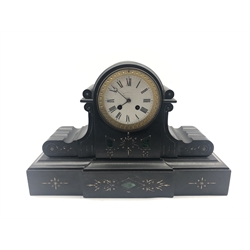 Large Victorian dome top black slate mantel clock, circular enamel Roman dial, engraved and gilt decoration with malachite inlay, twin train movement stamped '254' striking the hours and half on bell, with pendulum and key, W45cm, H29cm