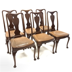 Set six queen Anne style mahogany dining chairs, with trophy shaped splats, drop in upholstered seat pads, raised on shell carved cabriole supports, W50cm