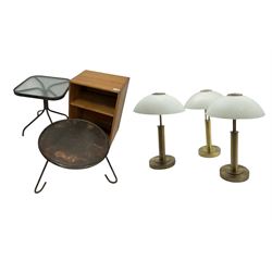 Set of three modern brass and glass table lamps, one brass, one glass table and oak book shelf 