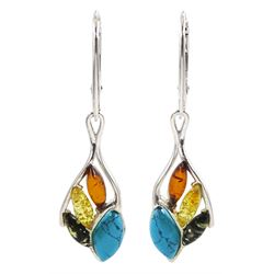 Pair of silver marquise shaped tri-colour Baltic amber and turquoise pendant earrings, stamped 925 