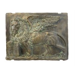 Bronze effect relief wall plaque, depicting the Venetian winged lion of St Mark the Evangelist holding the Bible