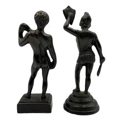 Two 19th century Grand Tour bronze figures modelled as David after Michelangelo and a Gladiator, the Gladiator holding aloft a shield, and sword in his right hand, on circular stepped base H13cm, and David on a square stepped base
