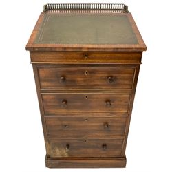 19th century rosewood Davenport desk, the top with brass gallery over sloped hinged top with leather inset, the interior with three drawers, sliding pen compartment to side, fitted with four frontal cock-beaded drawers, on plinth base