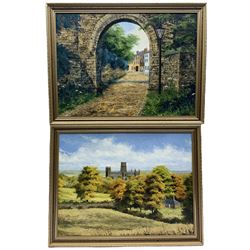 J C Madgin (British 20th century): Durham Cathedral and South Baily with a View to St Cuthberts, pair oils on board signed and dated 1979, 34cm x 47cm (2)