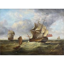 S Webb (British 20th century): British Ship of the Line at Full Sail, oil on board signed 28cm x 38cm