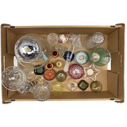 Quantity of glass to include pair of silver rimmed posy vases, cranberry cut glass lidded pot, Galileo thermometer etc. in one box