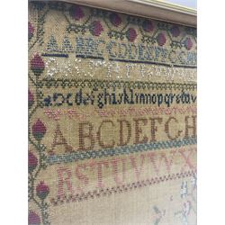 William IV needlework sampler by Jane Duffin, 1834 worked in coloured threads with the alphabet, numbers, vase of flowers, peacocks and foliage, within a bud tendril border, 43cm x 42cm 