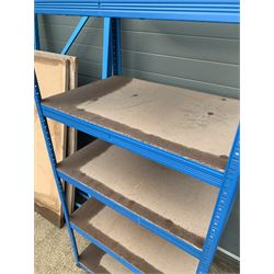 Industrial racking - one unit with five adjustable shelves (60cm x 90cm, H190cm) and another with two adjustable shelves (82cm x 155cm, H210cm)
