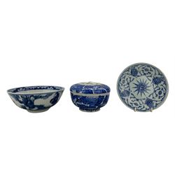 19th century Chinese blue and white Lotus pattern plate D16.5cm, Japanese blue and white bowl, the exterior decorated with figures and a Japanese bowl and cover (3)