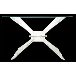 1970/80s mid-century sculptural lucite dining table with bevelled glass top, angular x-frame base unified by central block