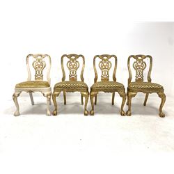 Set four 18th century design gilt wood dining chairs, with acanthus carved cresting rail over pierced splat, drop in upholstered seat pads, raised on carved cabriole supports with ball and claw feet, W61cm