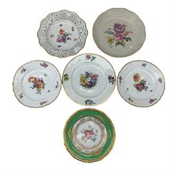 Group of 19th century floral painted porcelain, including Meissen shallow bowl, with basket weave border, D24.5cm, Meissen dish with pierced floral border, D24cm, pair Royal Copenhagen plates, Royal Crown Derby plate, Nottingham Road mark, D25cm, together with a 20th century Royal Crown Derby floral painted plate, with green ground border (6)