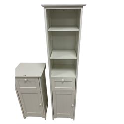 White finish bookcase cabinet, fitted with two adjustable shelves over single drawer and cupboard, with matching side cabinet