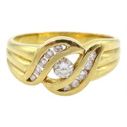 18ct gold single stone diamond ring, with diamond crossover surround, stamped 750