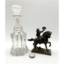 Victorian Newcastle style moulded decanter, H32cm, a bronzed spelter model of a knight on horseback, together with a ladies silver fob watch retailed by H. Samuel 