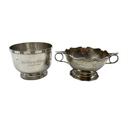 Silver two handled bowl with engraved inscription and on short pedestal foot D11cm Sheffield 1914 Maker Atkin Bros. and another silver bowl with inscription D10cm Sheffield 1913 12oz